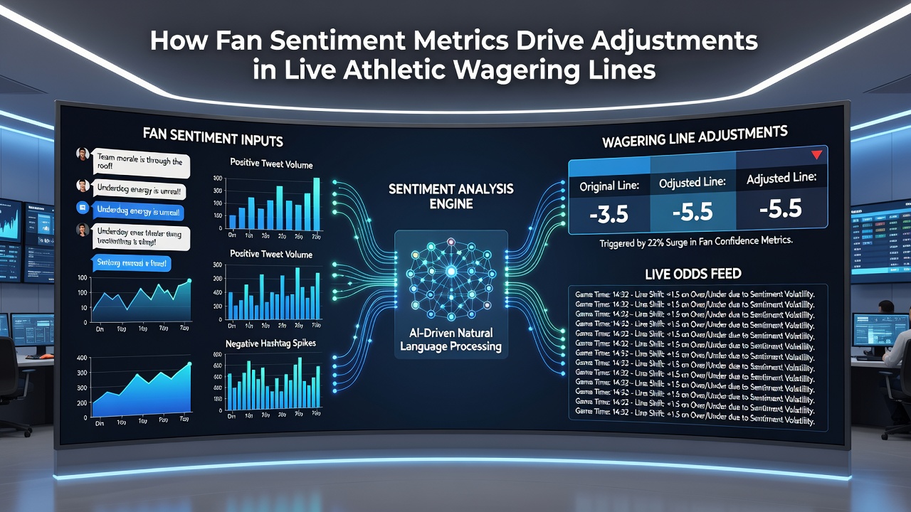 Live sports event with overlaid betting line adjustments driven by public sentiment